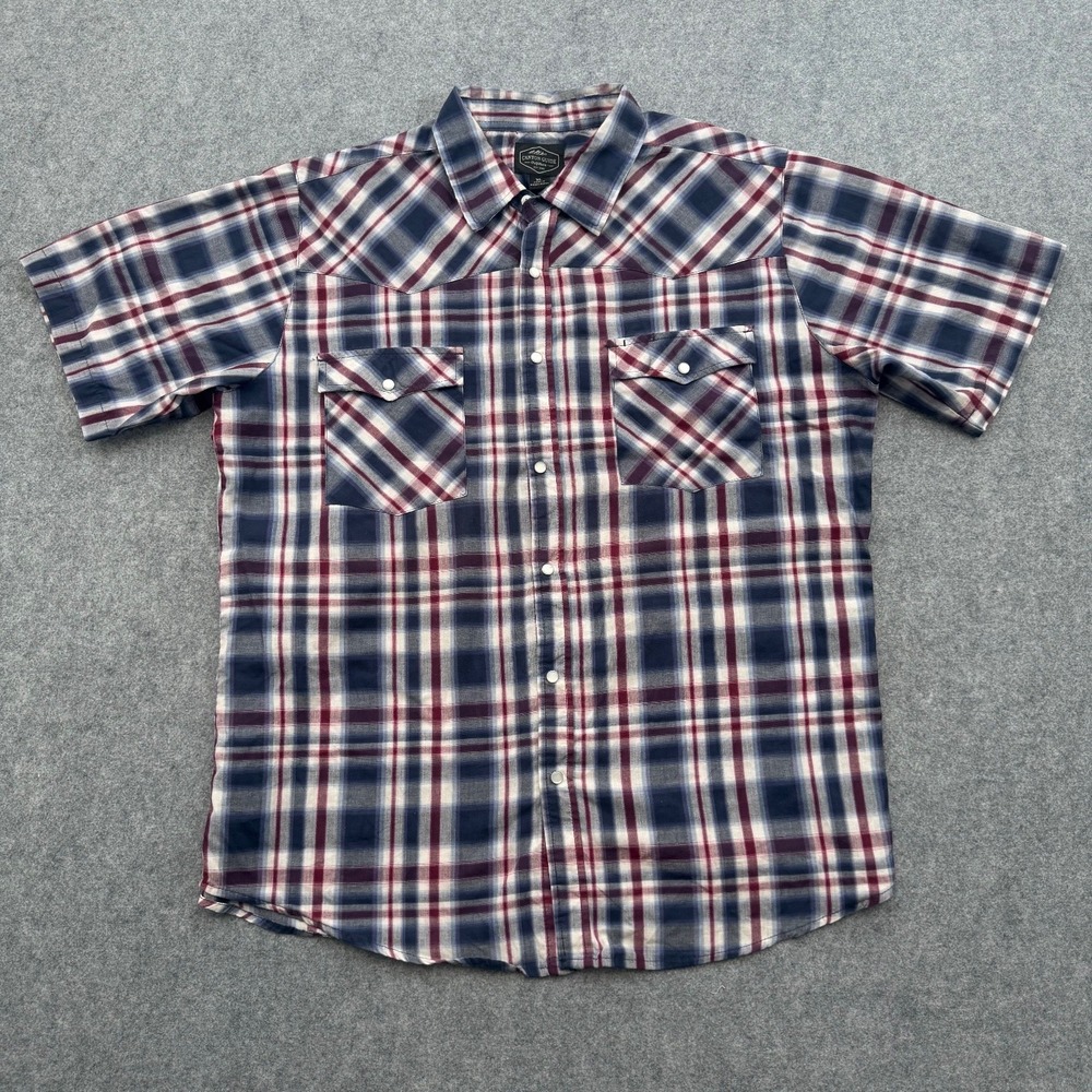 Canyon Guide Outfitters Mens XL Blue Red Plaid Western Snap Shirt Short Sleeve